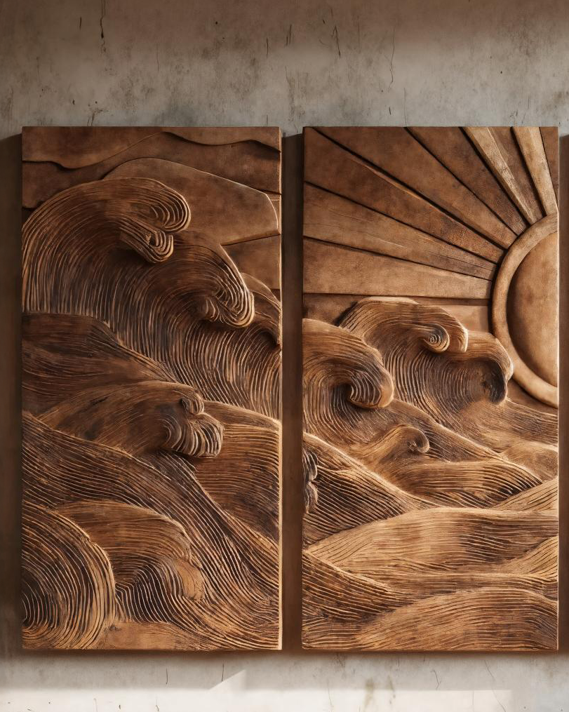 Set Sculptural Wall Art With Sun And Wave For Living Room