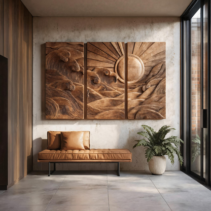 Set Sculptural Wall Art With Sun And Wave For Living Room