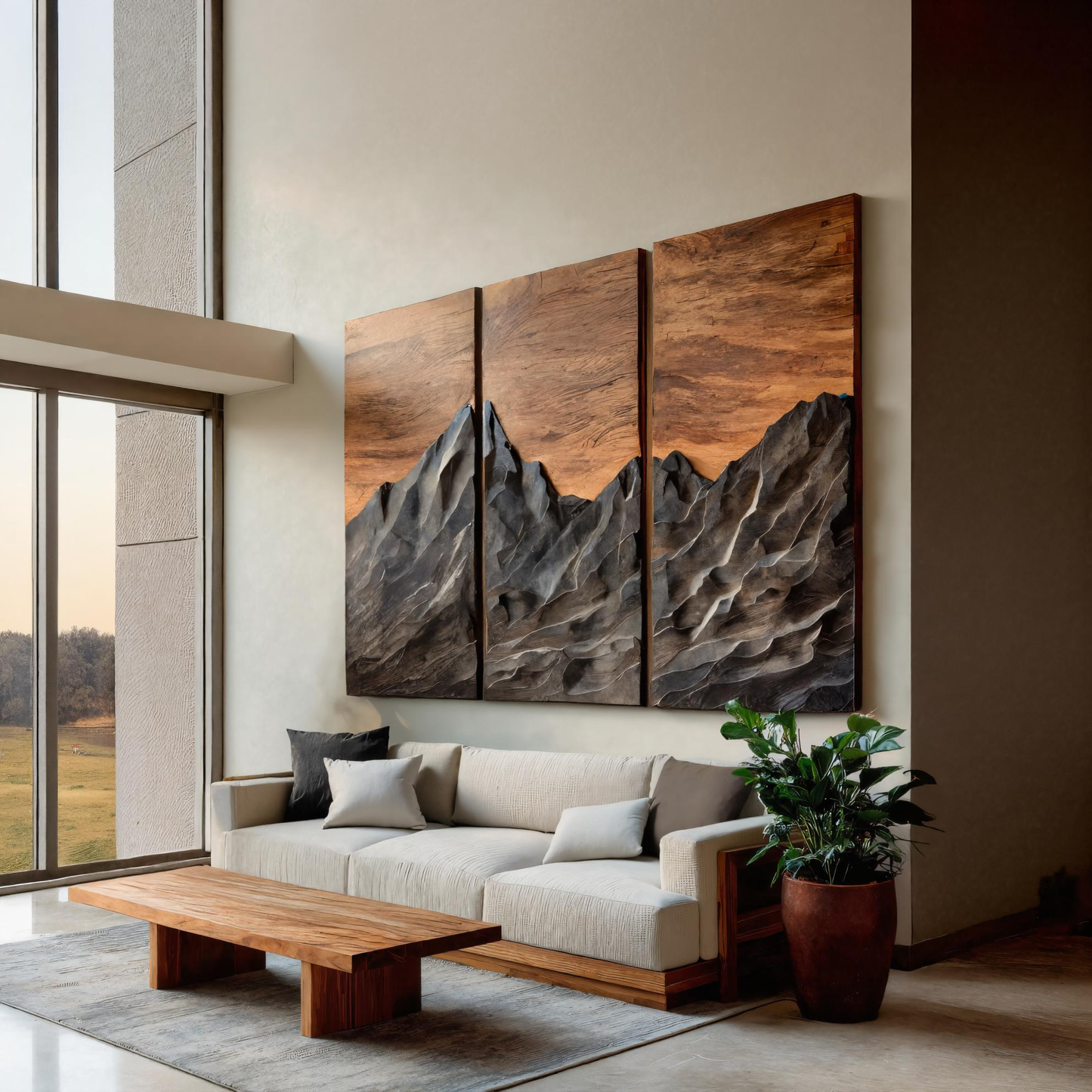 Set Wall Art With Mountain Peak Carved For Living Room