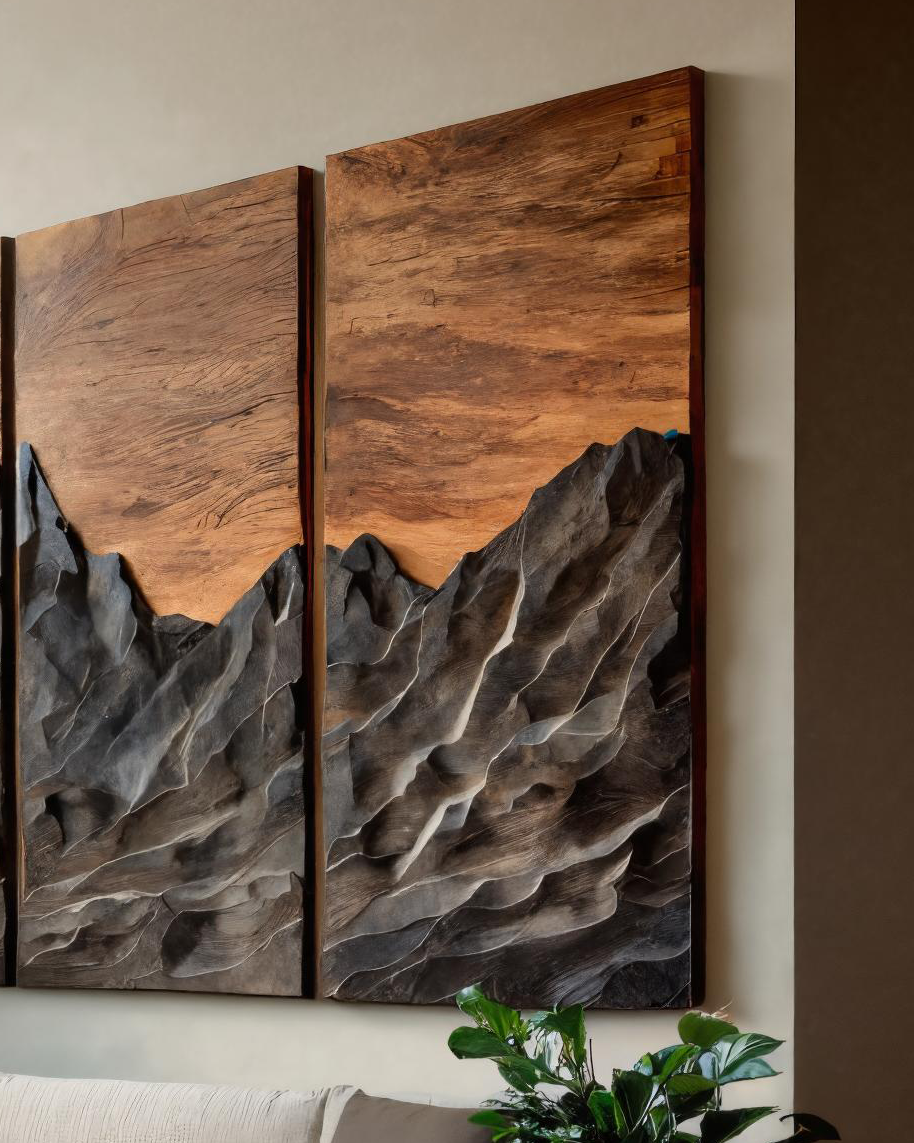 Set Wall Art With Mountain Peak Carved For Living Room