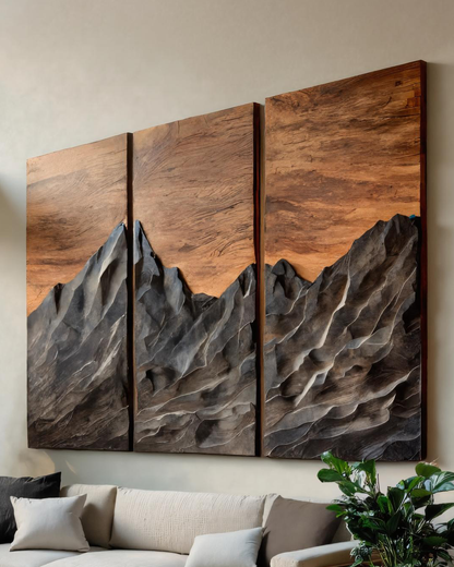 Set Wall Art With Mountain Peak Carved For Living Room