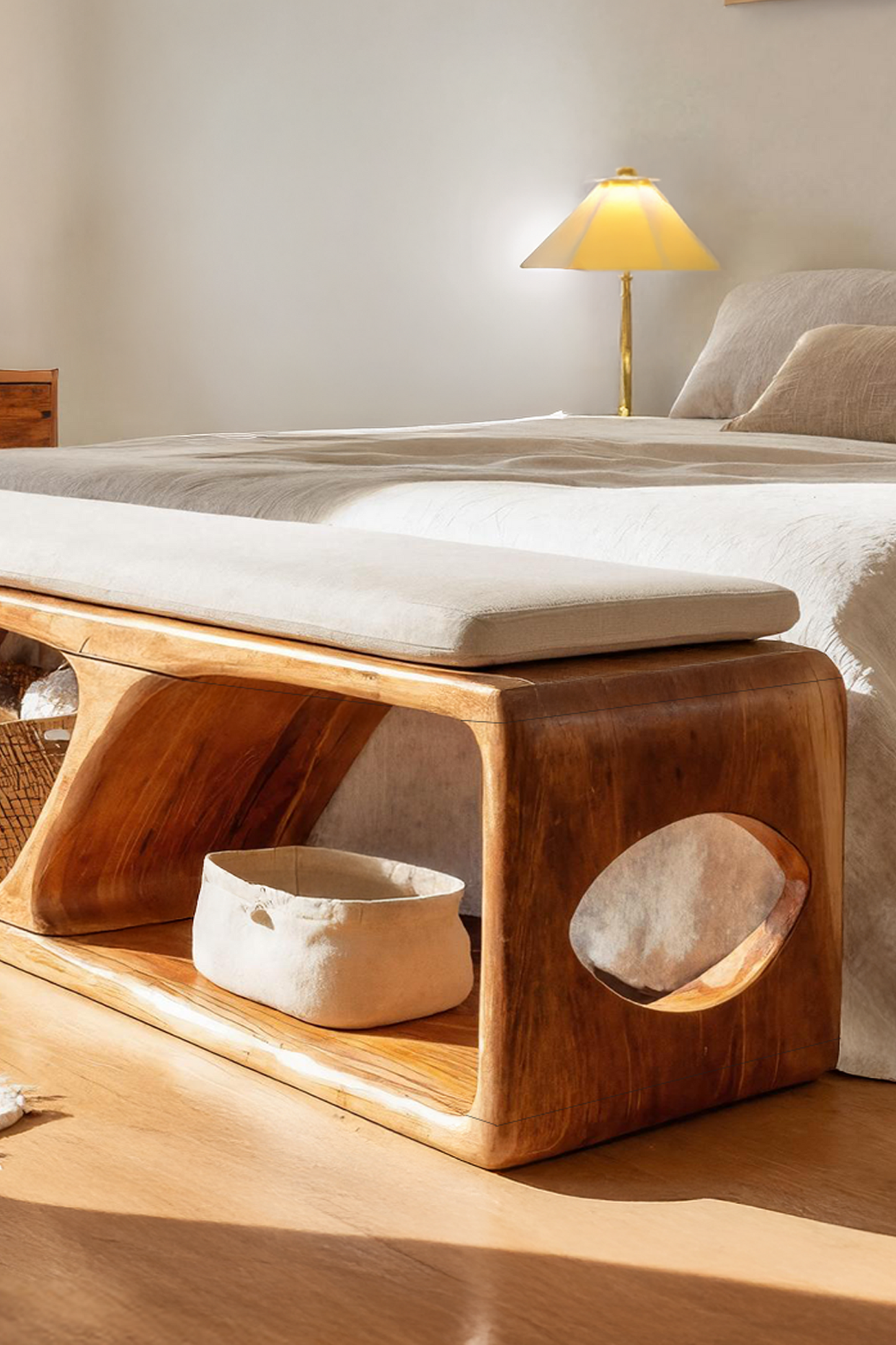 Mid Century Wood Bench For Warm Interior Spaces