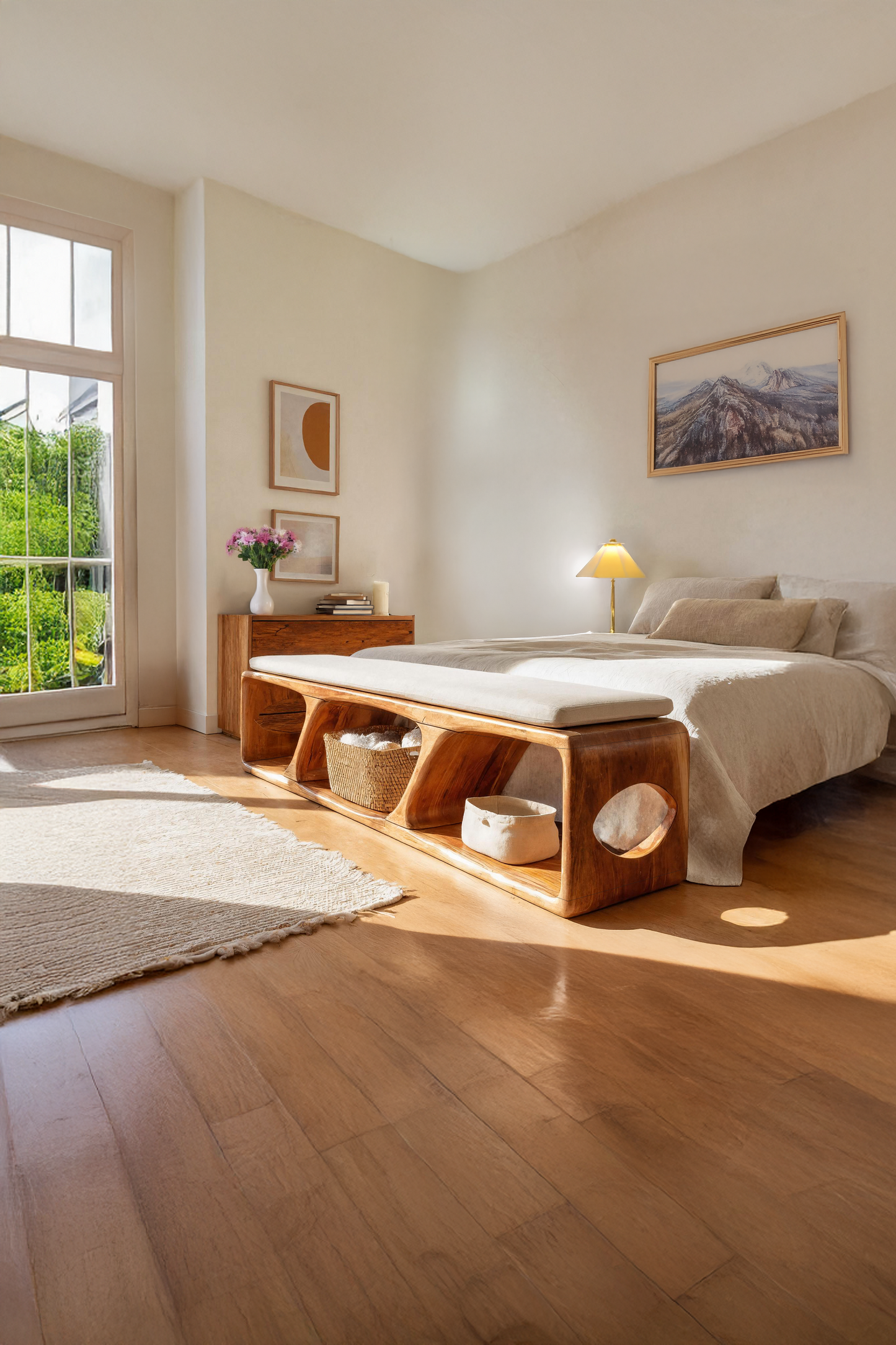Mid Century Wood Bench For Warm Interior Spaces
