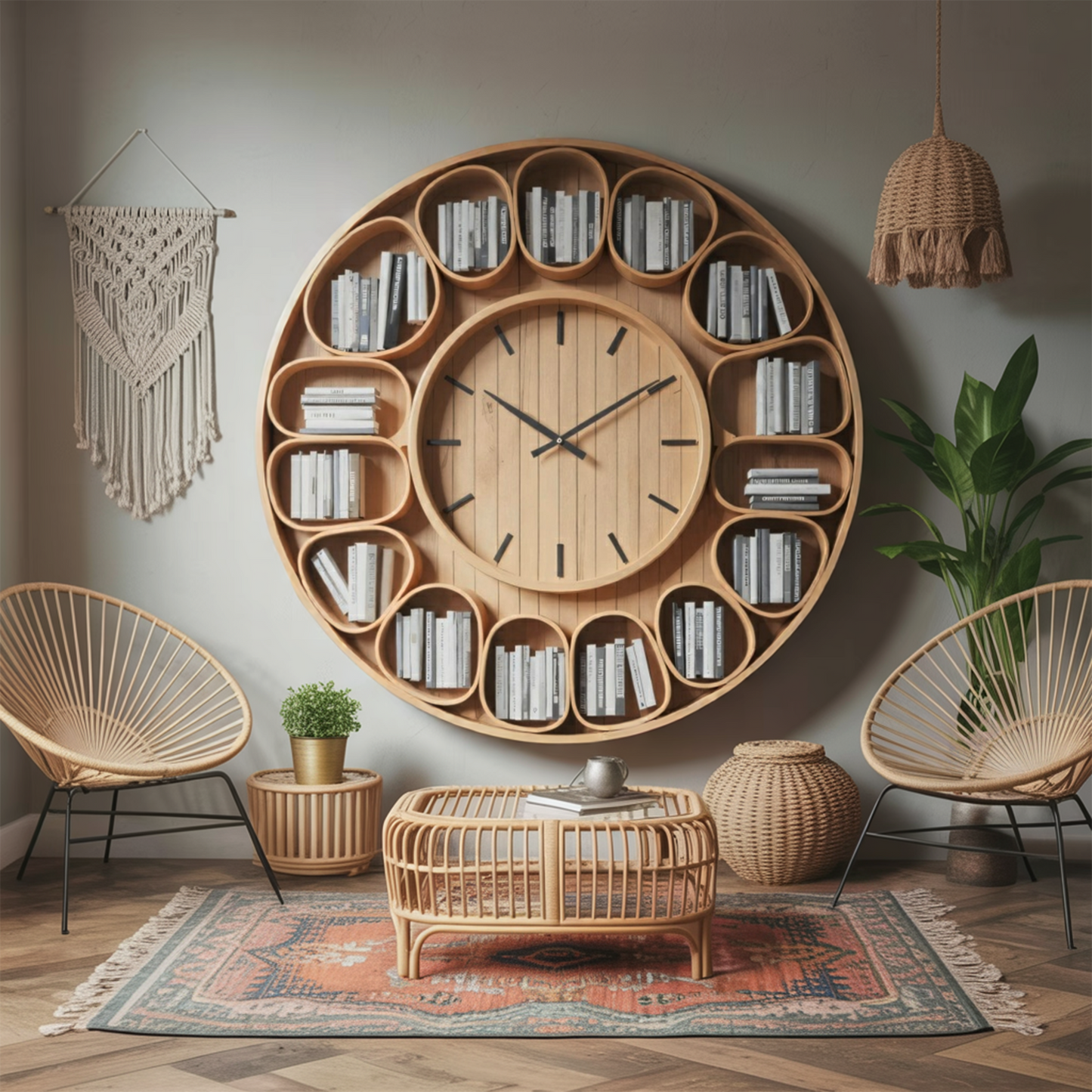 Contemporary Round Wall Bookshelf With Clock For Living Room And Home Office