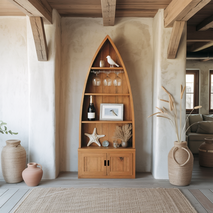 Boat Shaped Display Cabinet With Storage Drawers For Living Room And Entryway