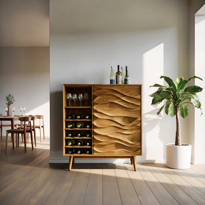 Sculptural Wine Cabinet With Wave Carved Doors For Kitchen