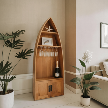 Coastal Boat Shaped Shelf With Glass Rack For Beach House And Living Room