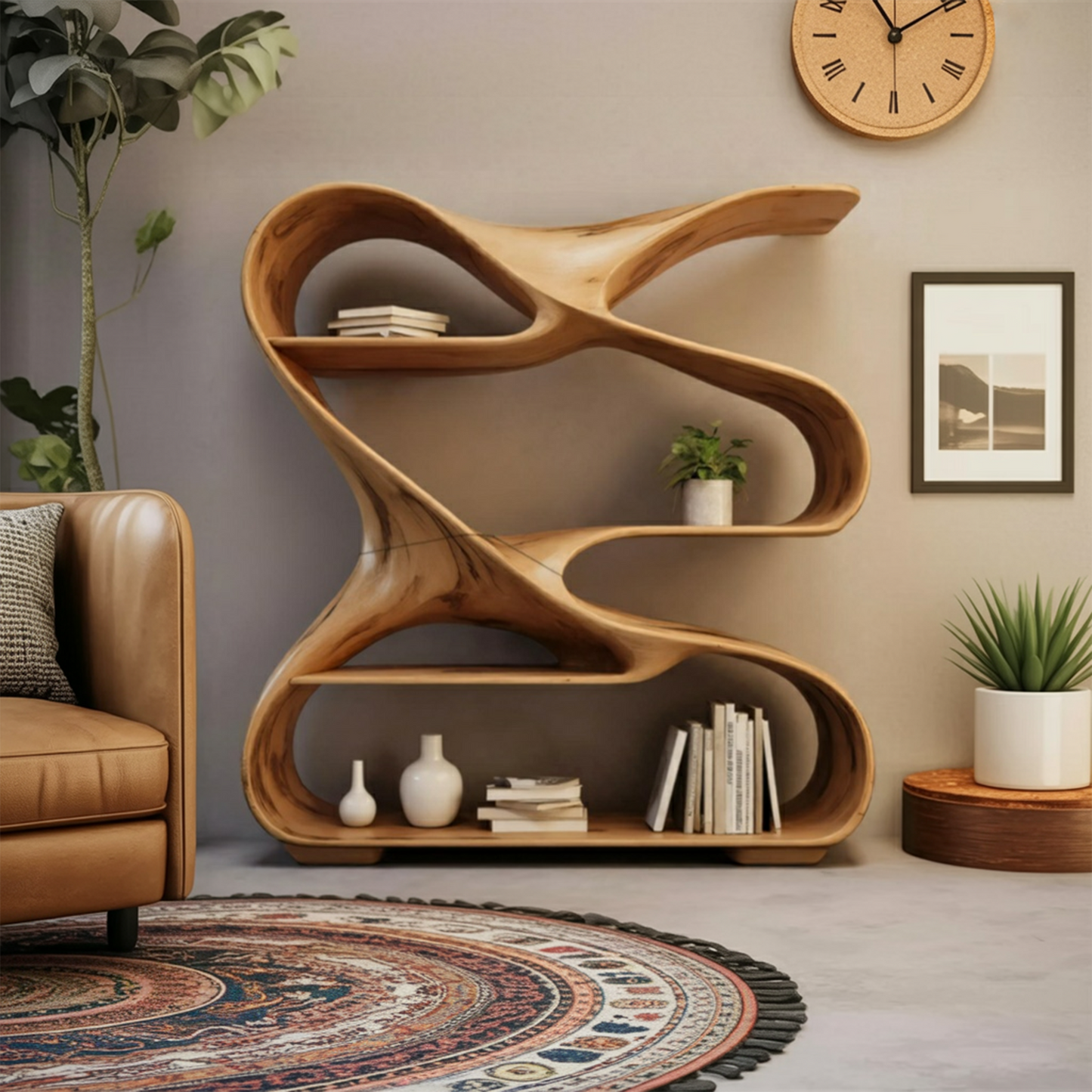 Modern Sculptural Wooden Bookshelf For Living Room Or Office Display