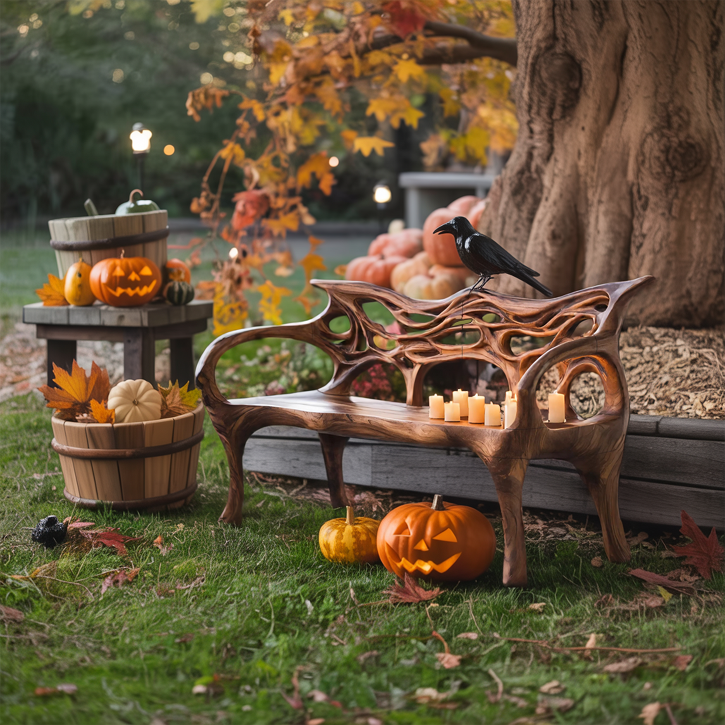 Mid Century Solid Wood Halloween Bench For Outdoor Design