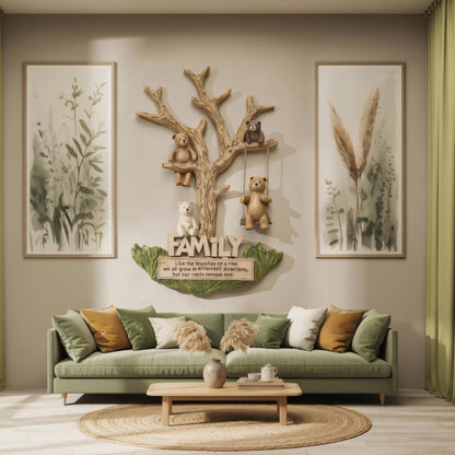 Living room with a green sofa, decorative wall piece with teddy bears, and framed botanical art.