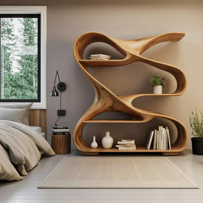 Modern Sculptural Wooden Bookshelf For Living Room Or Office Display