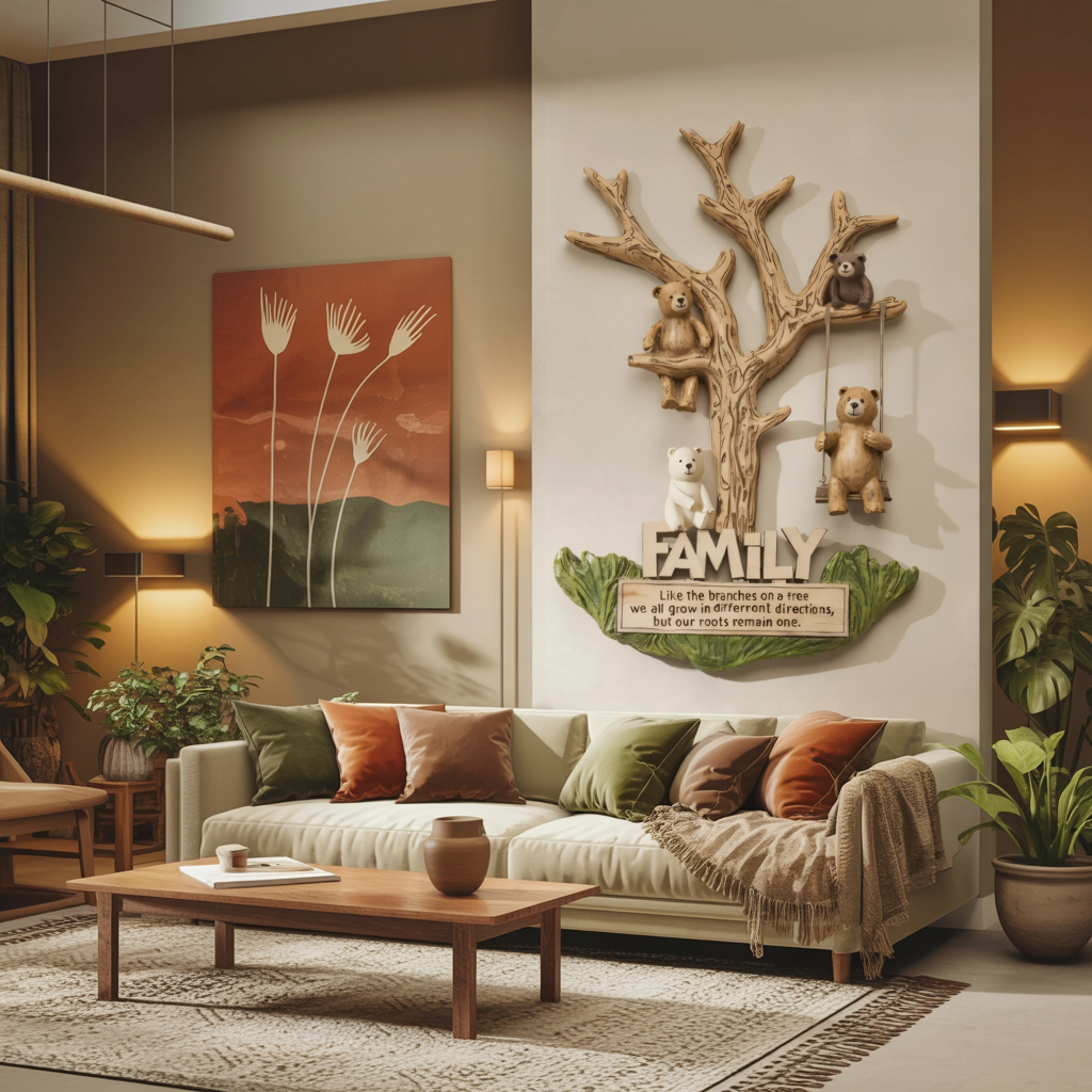 Cozy living room with a 'Family' wall decoration, sofa, and coffee table.