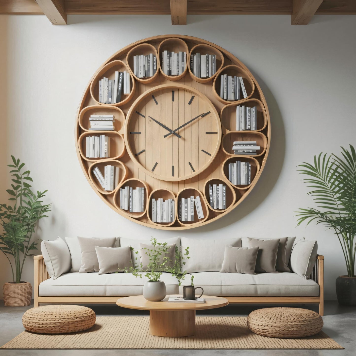 Contemporary Round Wall Bookshelf With Clock For Living Room And Home Office