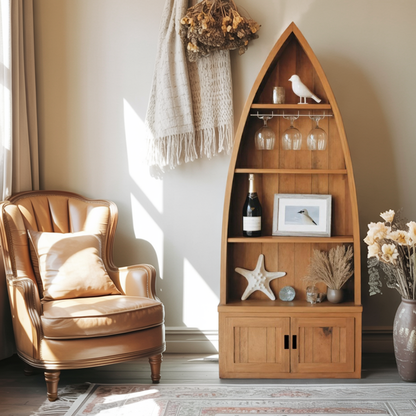 Boat Shaped Display Cabinet With Storage Drawers For Living Room And Entryway