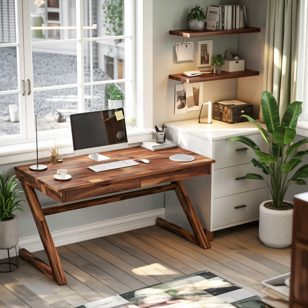 Modern Z Leg Wooden Writing Desk With Drawers For Home Office Or Studio