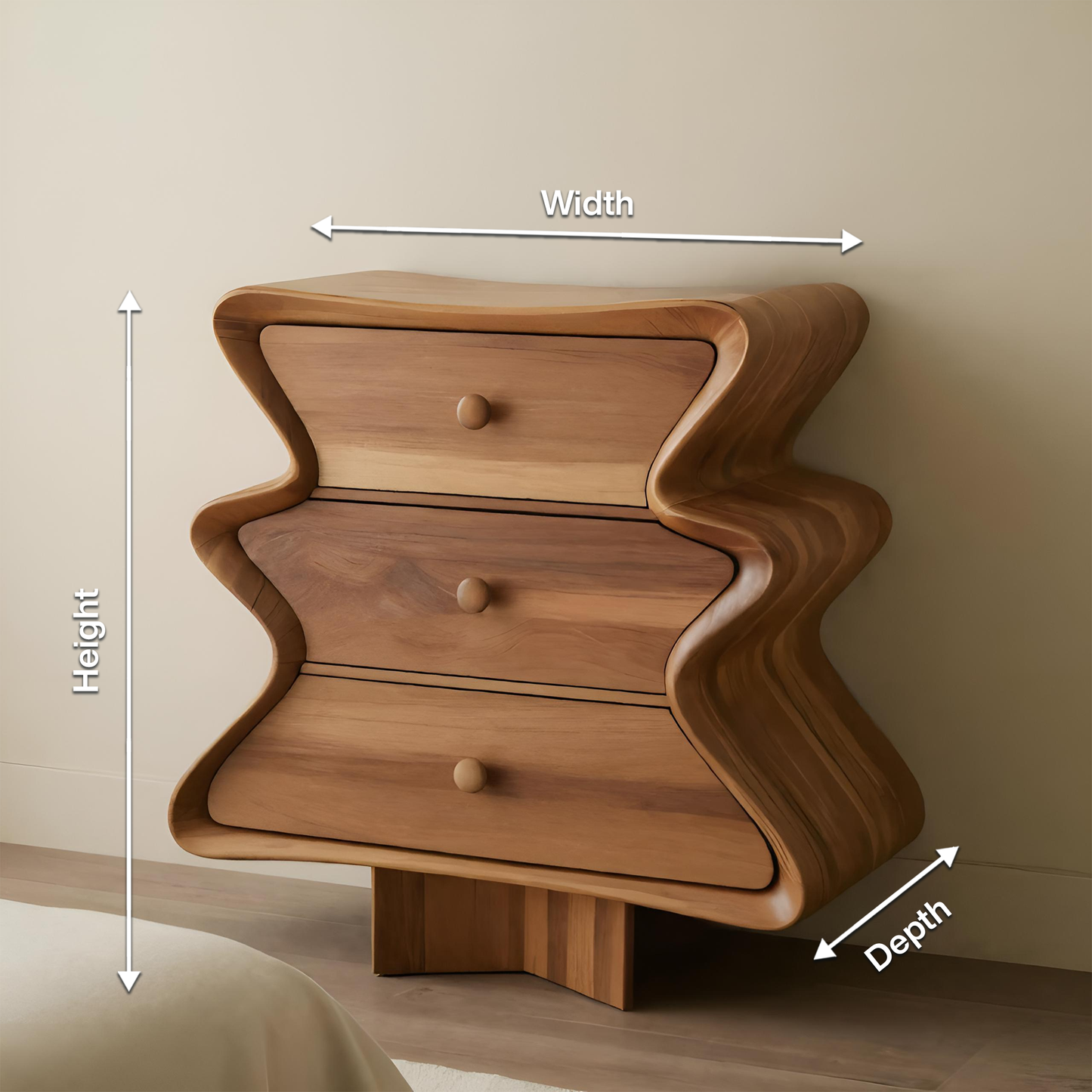 Wavy Sculptural Wood Cabinet 3 Drawer Chest For Bedroom Or Living Room