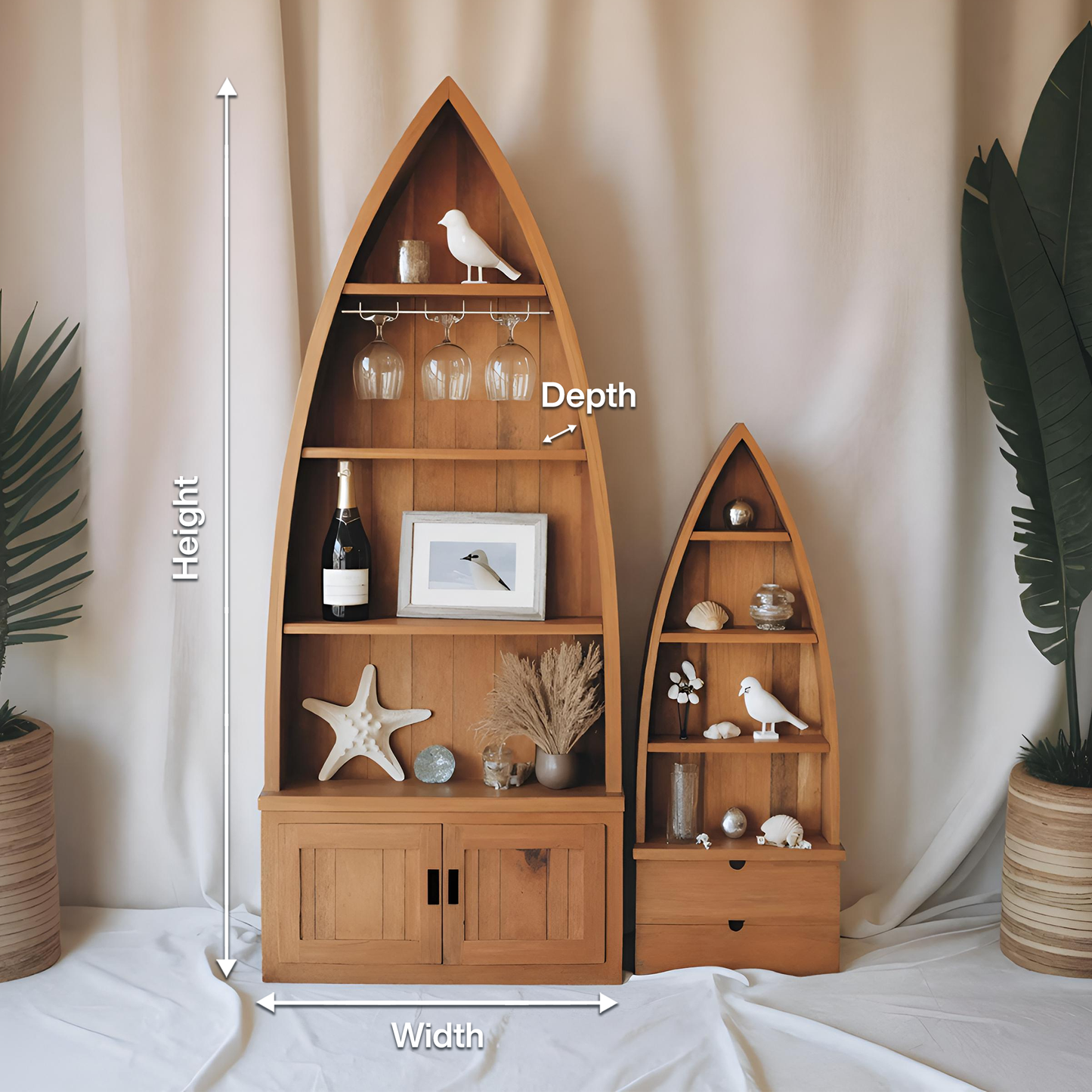 Boat Shaped Display Cabinet With Storage Drawers For Living Room And Entryway
