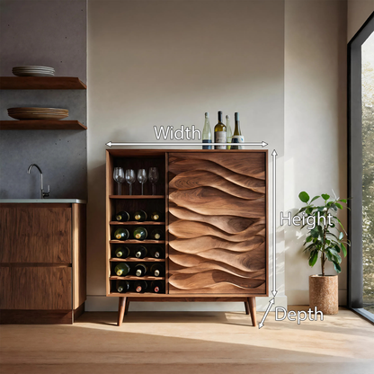 Sculptural Wine Cabinet With Wave Carved Doors For Kitchen