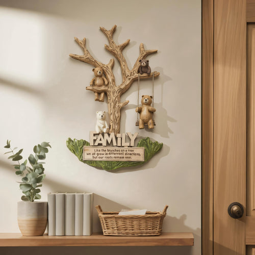 Decorative wall piece with bears and 'FAMILY' text on a neutral wall.