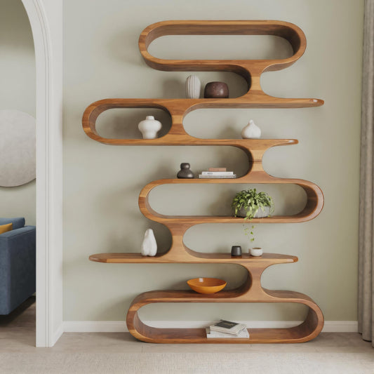 Mid Century Modern Wall Shelf With Flowing Shape For Living Room And Office