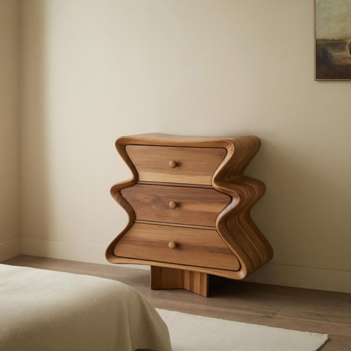 Wavy Sculptural Wood Cabinet 3 Drawer Chest For Bedroom Or Living Room