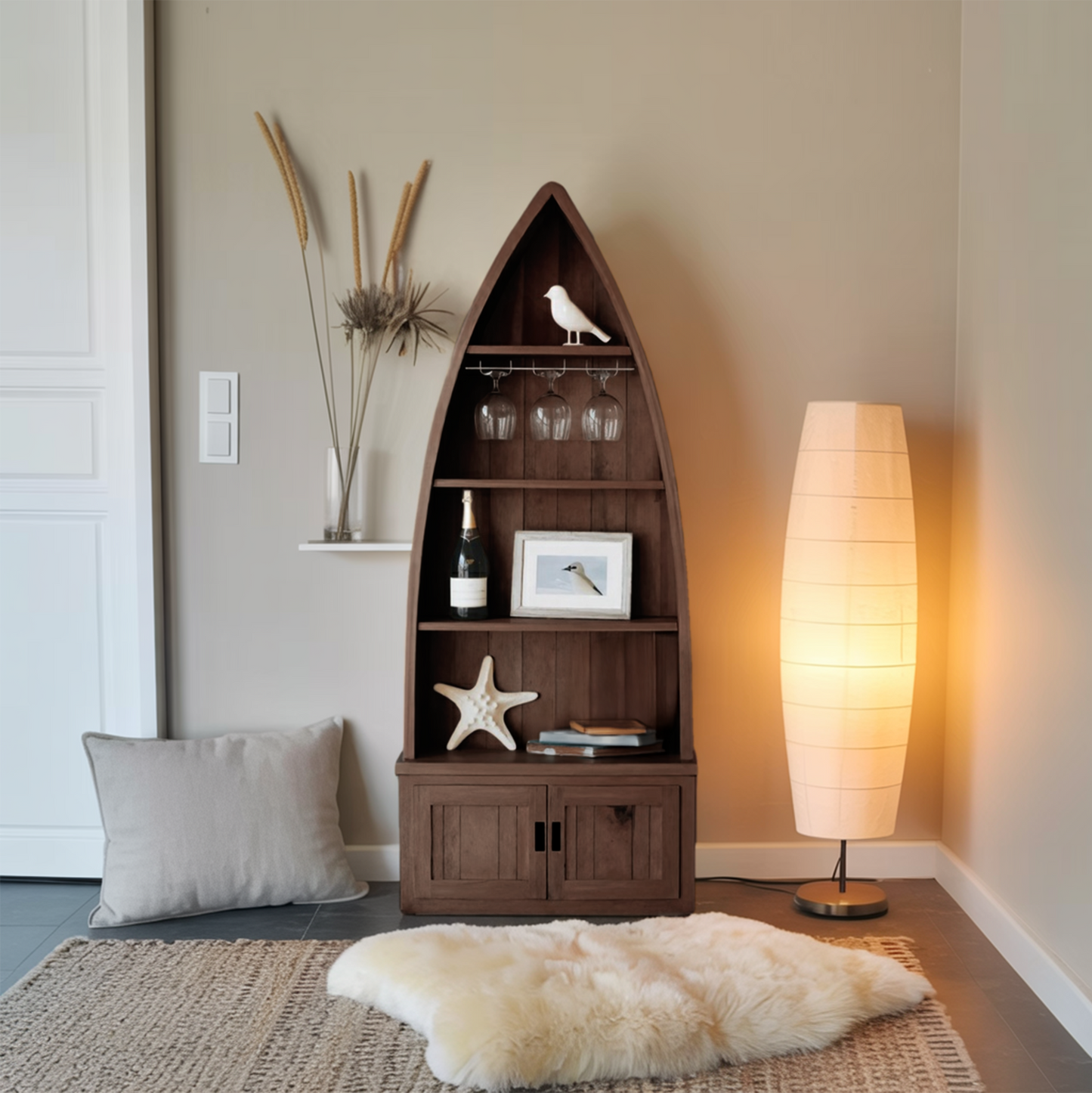 Boat Shaped Display Cabinet With Storage Drawers For Living Room And Entryway