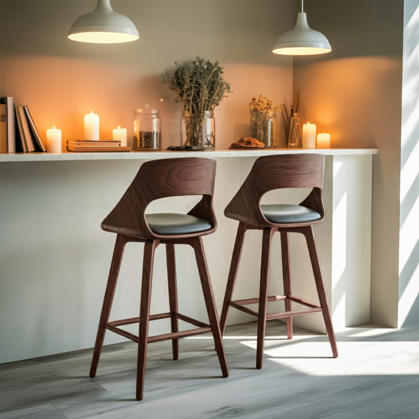 Mid Century Modern Bar Stool with Backrest For Kitchen Home Bar