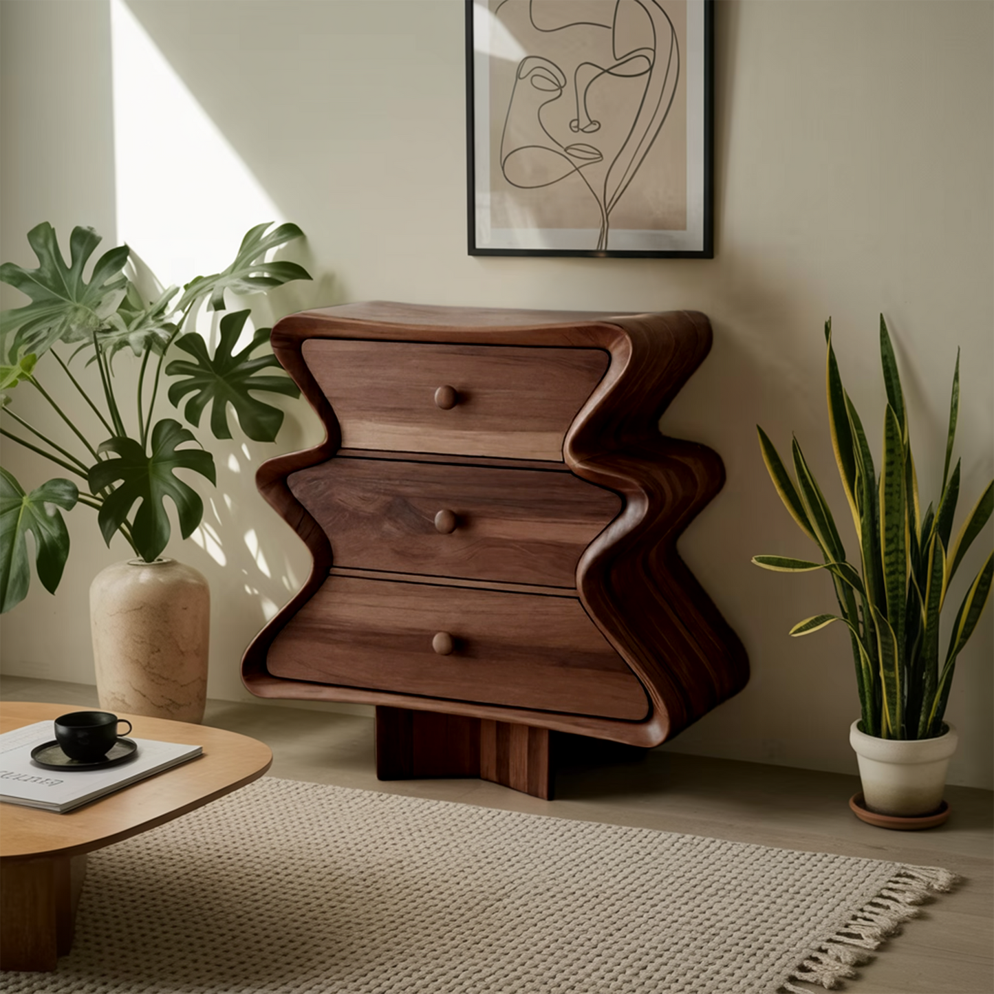 Wavy Sculptural Wood Cabinet 3 Drawer Chest For Bedroom Or Living Room